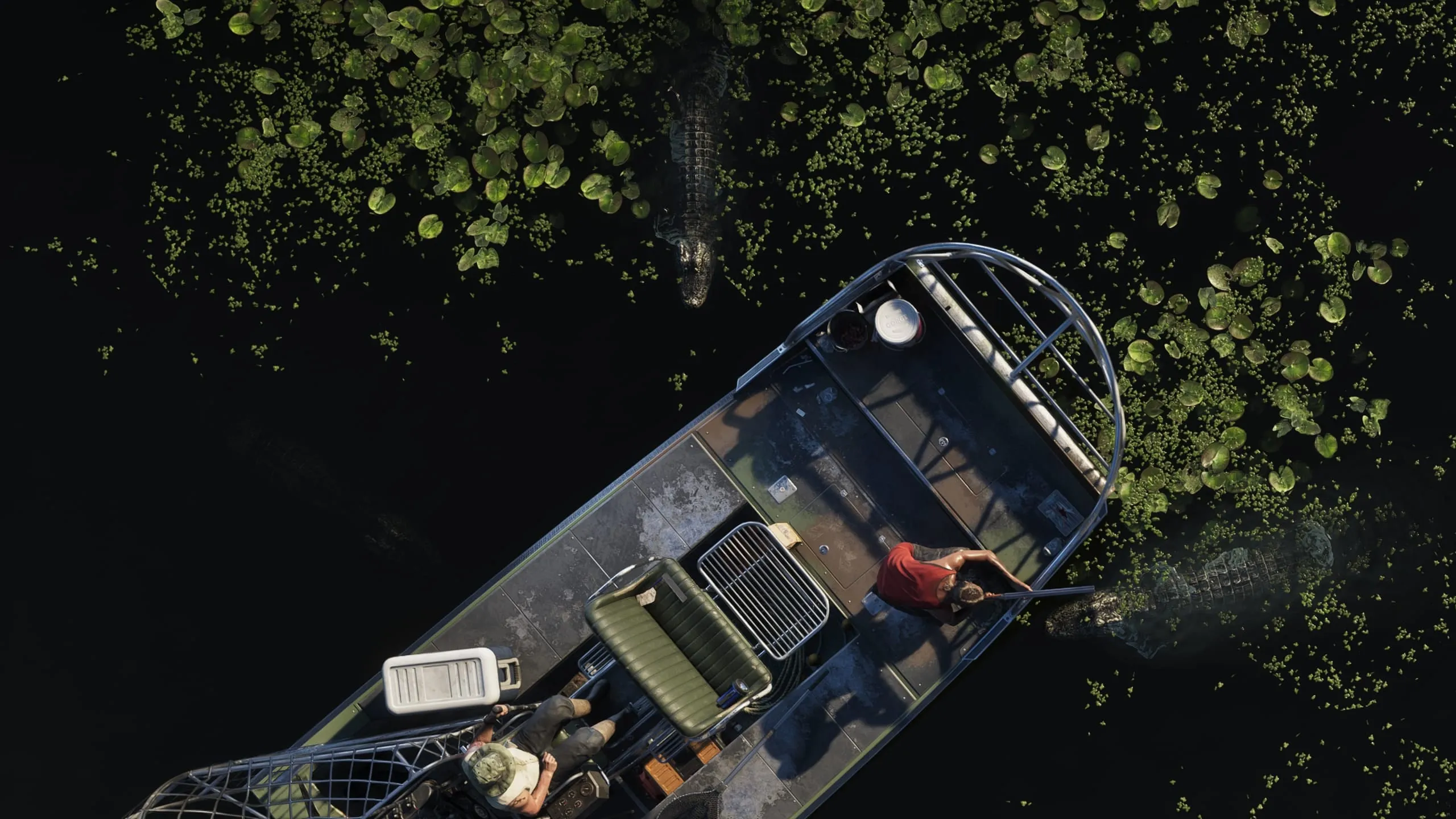 Screenshot ufficiale di GTA 6: vista dall’alto di un airboat circondato da alligatori tra le ninfee delle Grassrivers