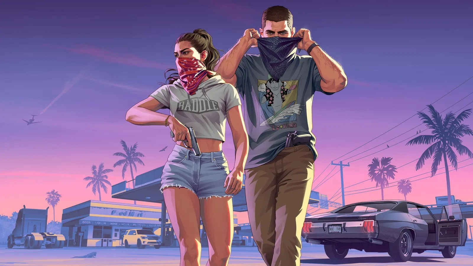 Artwork ufficiale di An Extended Look: Jason e Lucia camminano verso chi guarda davanti a un minimarket con distributore, al tramonto viola e rosa, mentre si tirano su una bandana sul volto, lei rossa e lui blu; entrambi hanno una pistola alla cintura e alle spalle c’è una muscle car scura con la portiera aperta, tra palme e un’iguana sull’asfalto