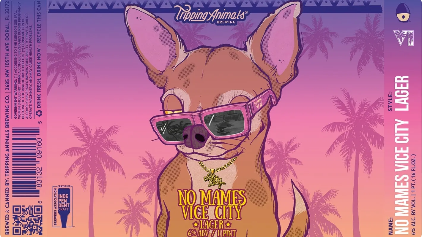 Label of the No Mames Vice City can by Tripping Animals Brewing: a chihuahua with pink sunglasses and a gold Vice City chain in front of palm trees, the VI logo top right