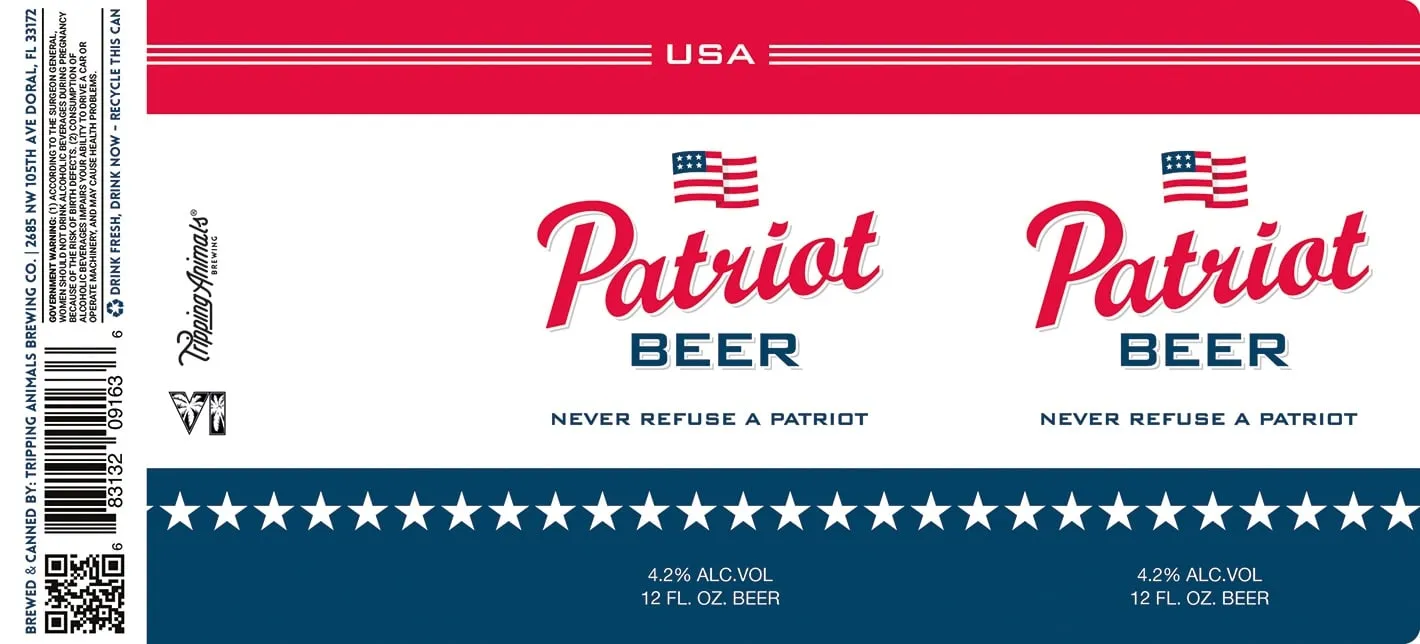 The Patriot label approved by the TTB: a white, red and blue can with the American flag, the words Patriot Beer and the VI logo on the side