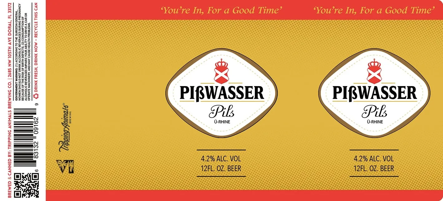 The Pißwasser label approved by the TTB: a yellow and red can with the crest, the word Pils and the VI logo on the side