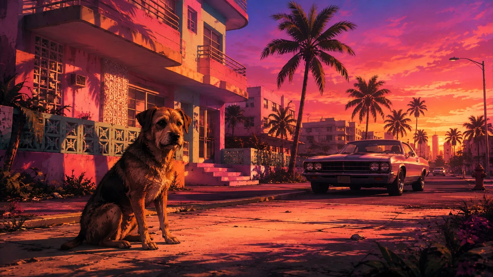 Illustrazione originale in stile GTA 6: un cane randagio seduto sul marciapiede di Vice City al tramonto, palazzine art déco rosa e una muscle car sullo sfondo