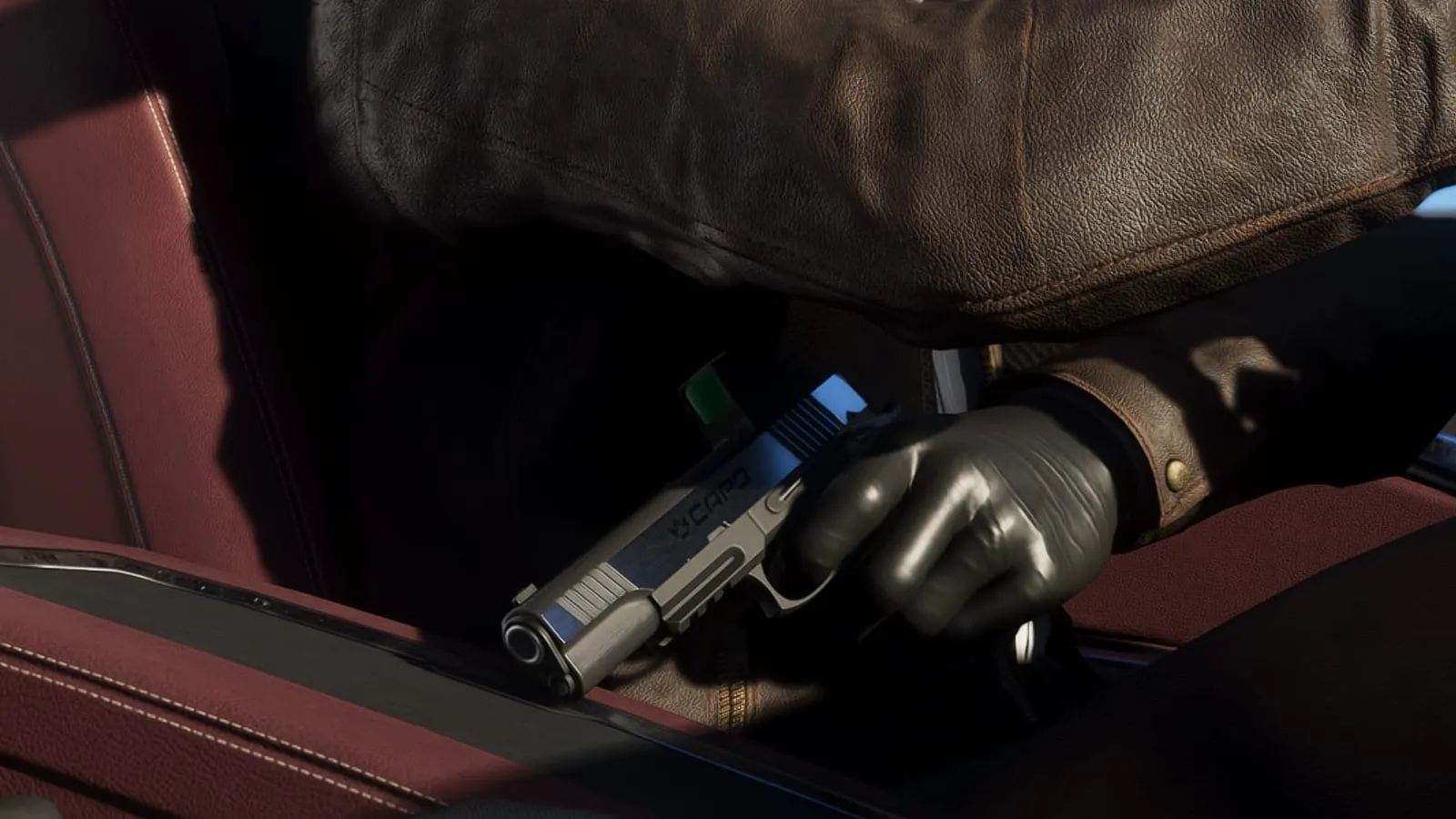 Detail of an official Raul Bautista screenshot: a gloved hand grips a two-tone pistol with a red-dot sight and the word Capo with a crown on the slide