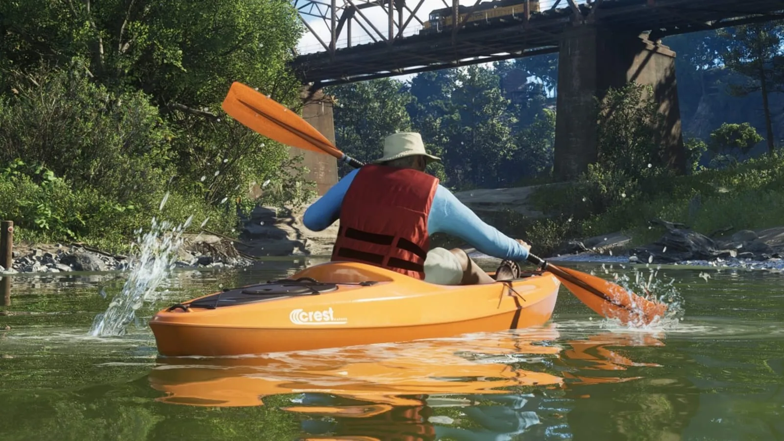 Il Crest Kayak arancione su un fiume vicino a Mount Kalaga in uno screenshot ufficiale di GTA 6