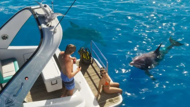 Screenshot ufficiale di GTA 6: un delfino nuota accanto a una barca al largo di Leonida, con due personaggi a bordo