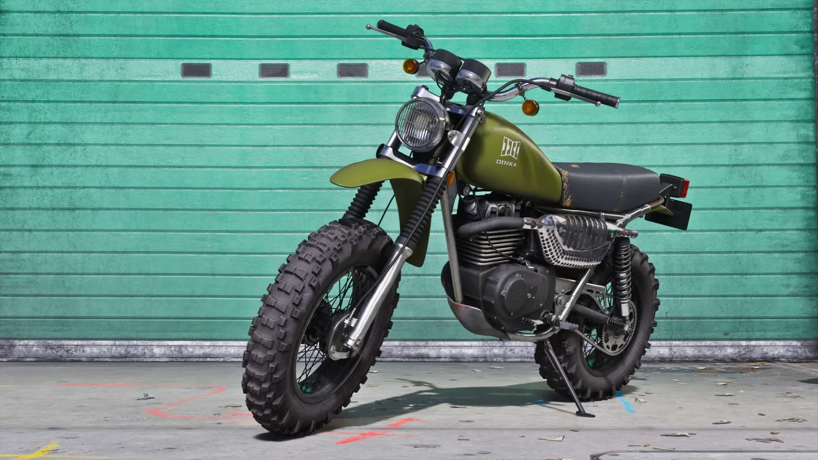 La motocicletta Dinka Enduro in una render ufficiale su fondo verde acqua