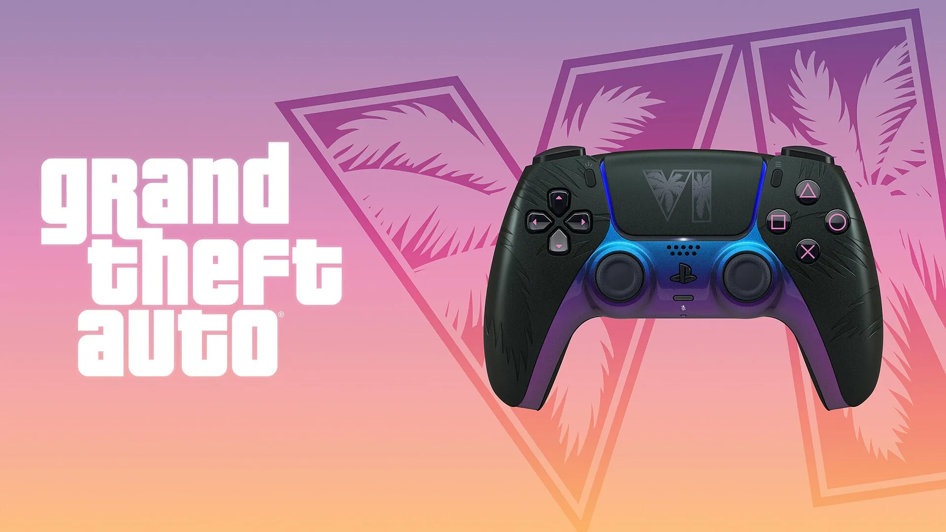 The DualSense Grand Theft Auto VI Black Limited Edition, black with a blue and purple colour-shifting finish, in front of the VI logo with palm trees