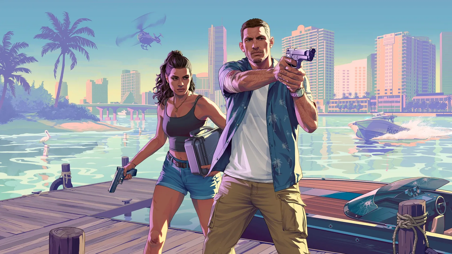 Artwork ufficiale di GTA VI: Jason e Lucia armati su un molo, con lo skyline di Vice City alle spalle