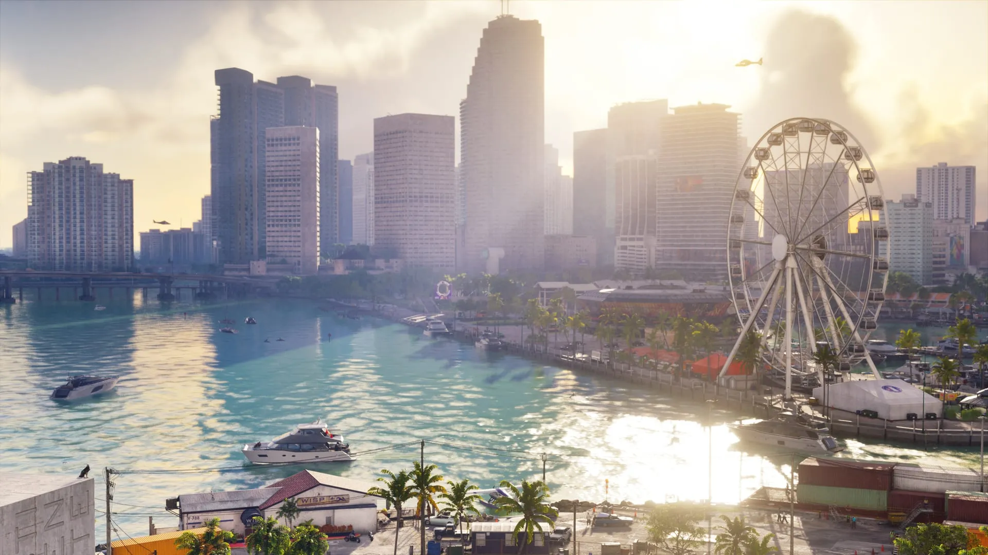 Official GTA VI screenshot: downtown Vice City backlit in broad daylight, with skyscrapers, a Ferris wheel on the waterfront, yachts in the bay and two helicopters in the sky