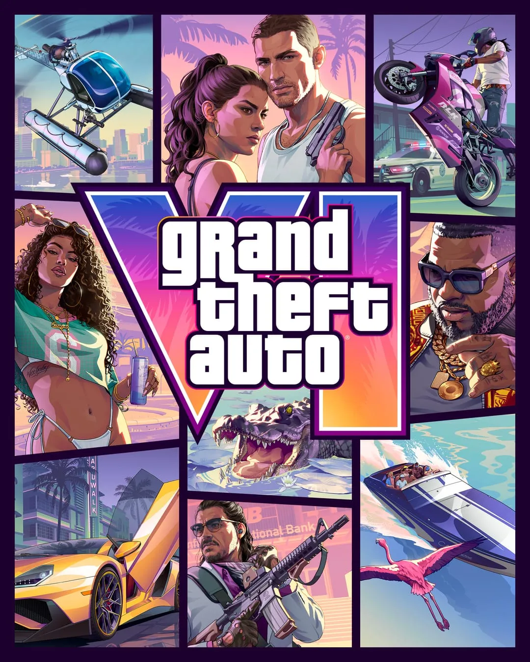 Official GTA VI Standard Edition box art: the collage with Jason, Lucia and the Leonida cast