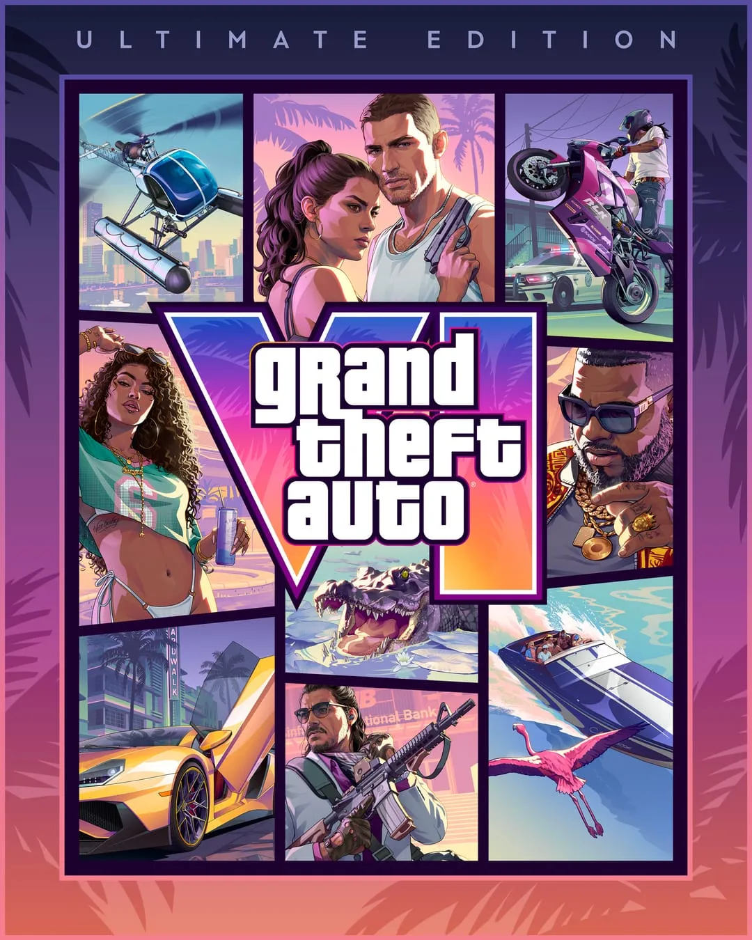 Official GTA VI Ultimate Edition box art, with the Ultimate Edition banner above the character collage
