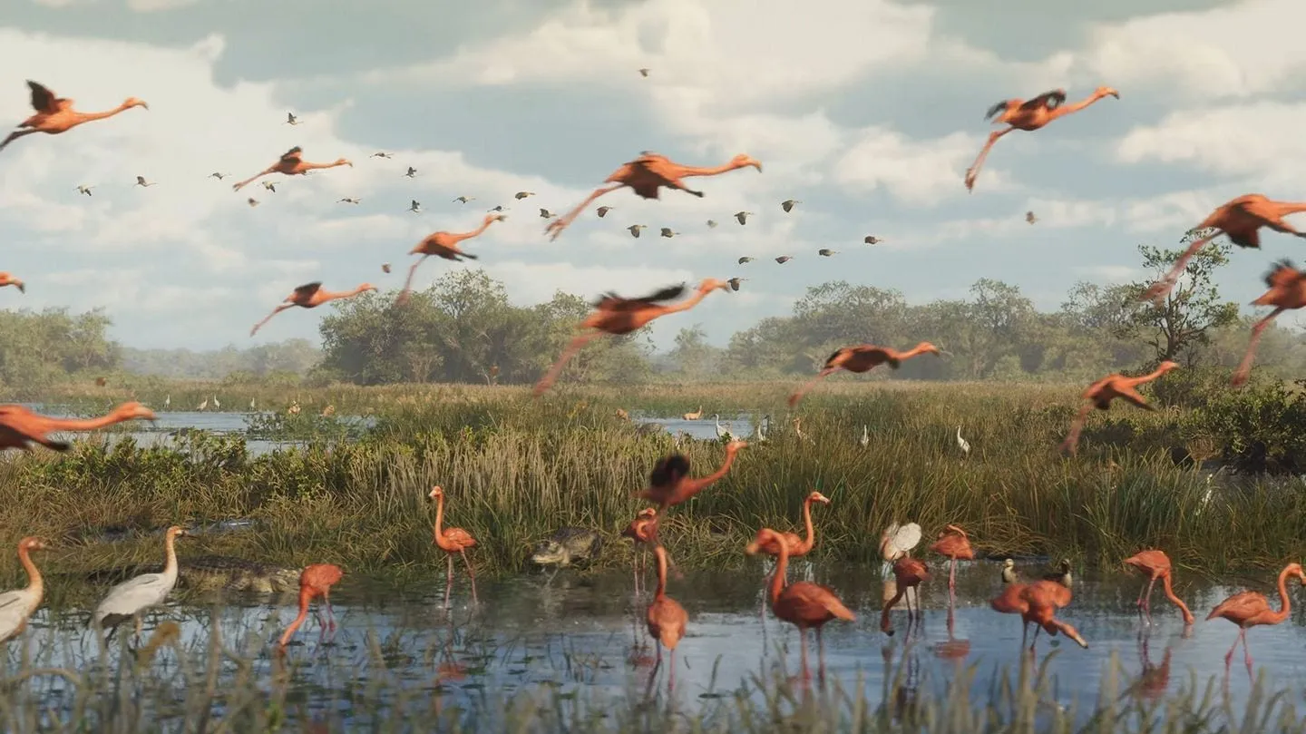 Fotogramma ufficiale di GTA 6: uno stormo di fenicotteri rosa si alza in volo sulle paludi di Leonida