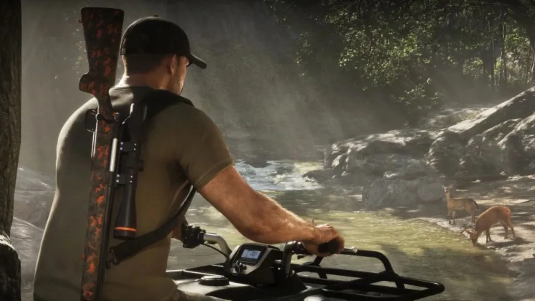 Official GTA VI screenshot: a hunter seen from behind with a cap and a slung rifle, on a quad bike, watching two deer drink at a forest stream