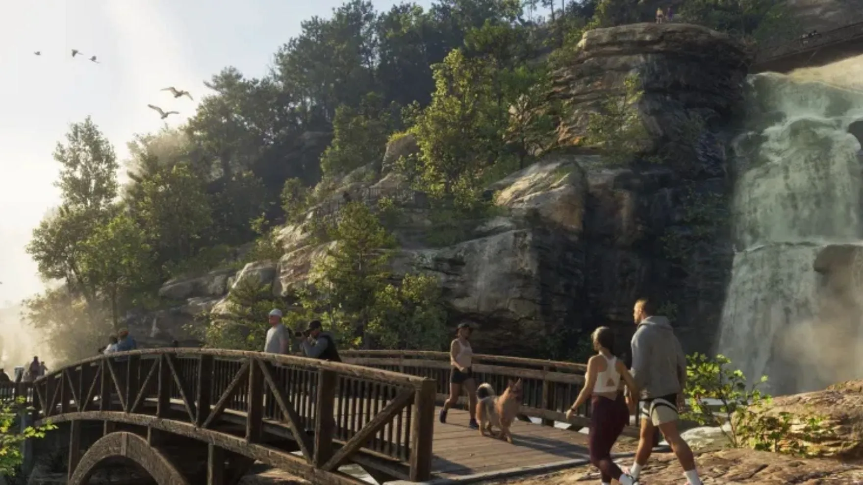 Official GTA VI screenshot: hikers and a dog cross an arched wooden footbridge next to a waterfall, among rocks and trees