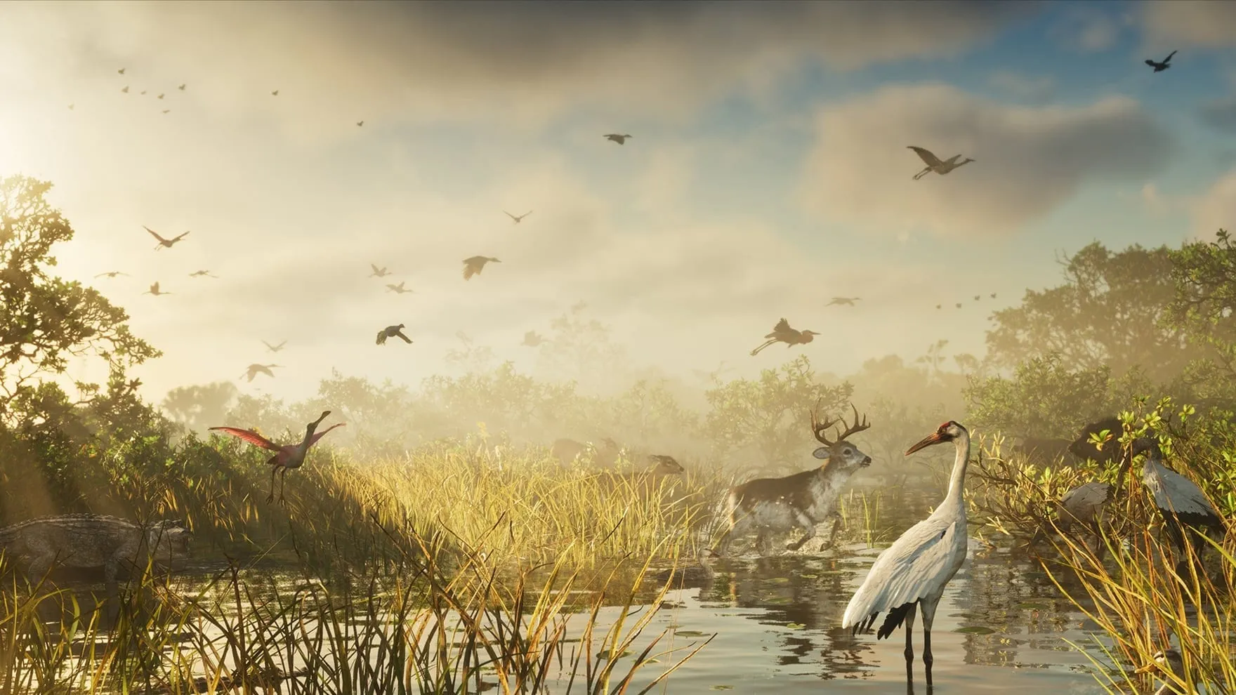 Screenshot ufficiale di GTA VI: una palude all'alba con una gru bianca in primo piano, un cervo che corre nell'acqua bassa, una spatola rosa in volo, cicogne e un alligatore fra le canne