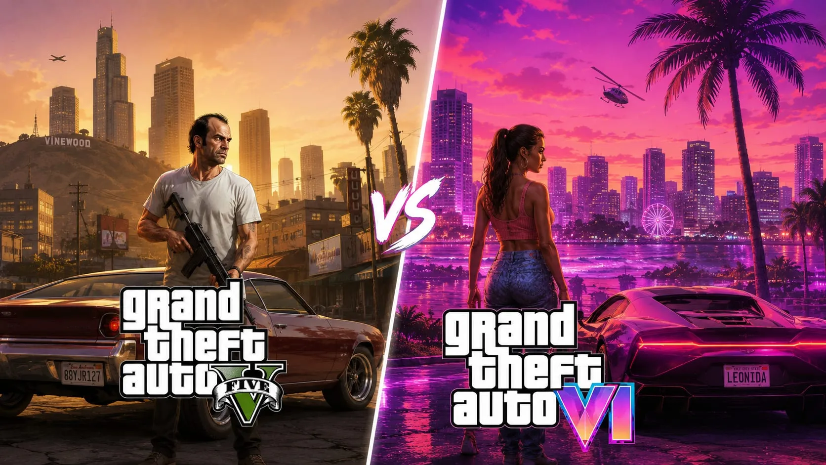 Confronto tra GTA 5 e GTA 6: a sinistra Los Santos al tramonto con un uomo armato e una muscle car, a destra Vice City al neon con una donna e una sportiva targata Leonida