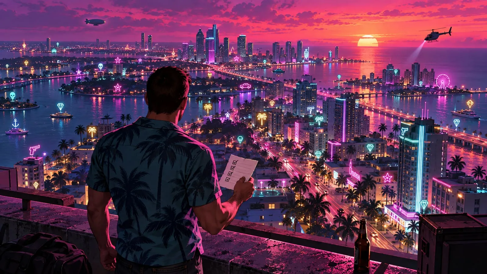 Illustrazione in stile Vice City: un uomo di spalle su un tetto guarda la città al neon costellata di icone di collezionabili, con una breve lista in mano