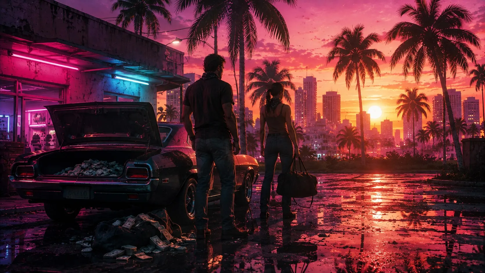 Illustrazione originale in stile GTA 6: due figure di spalle davanti al bagagliaio aperto di una muscle car pieno di contanti, tramonto rosa su Vice City