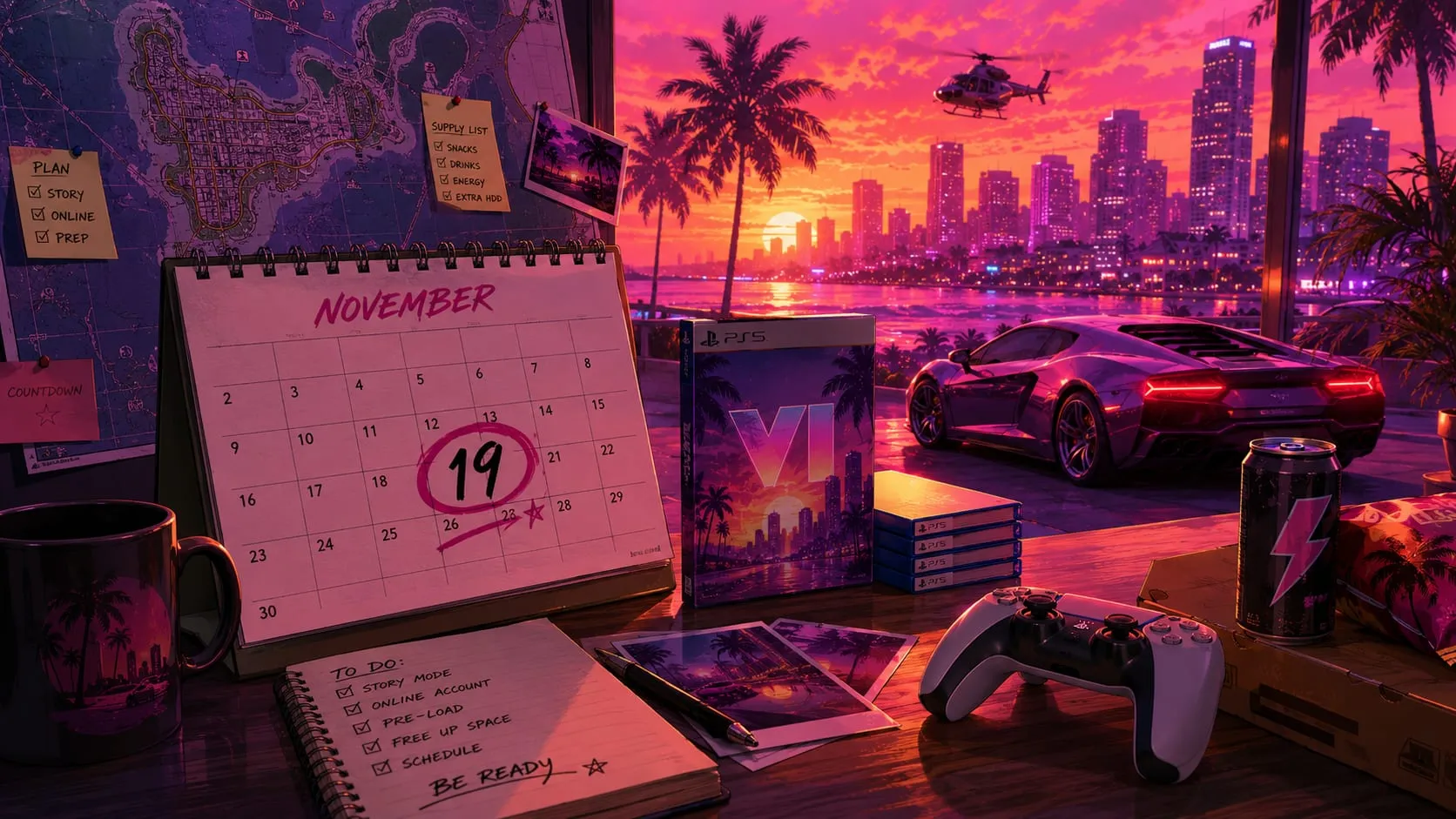 Scrivania pronta per il lancio di GTA 6: un calendario di novembre con il 19 cerchiato, una checklist "be ready", una copia PS5 con il logo di GTA 6 e un controller, davanti allo skyline al tramonto di Vice City
