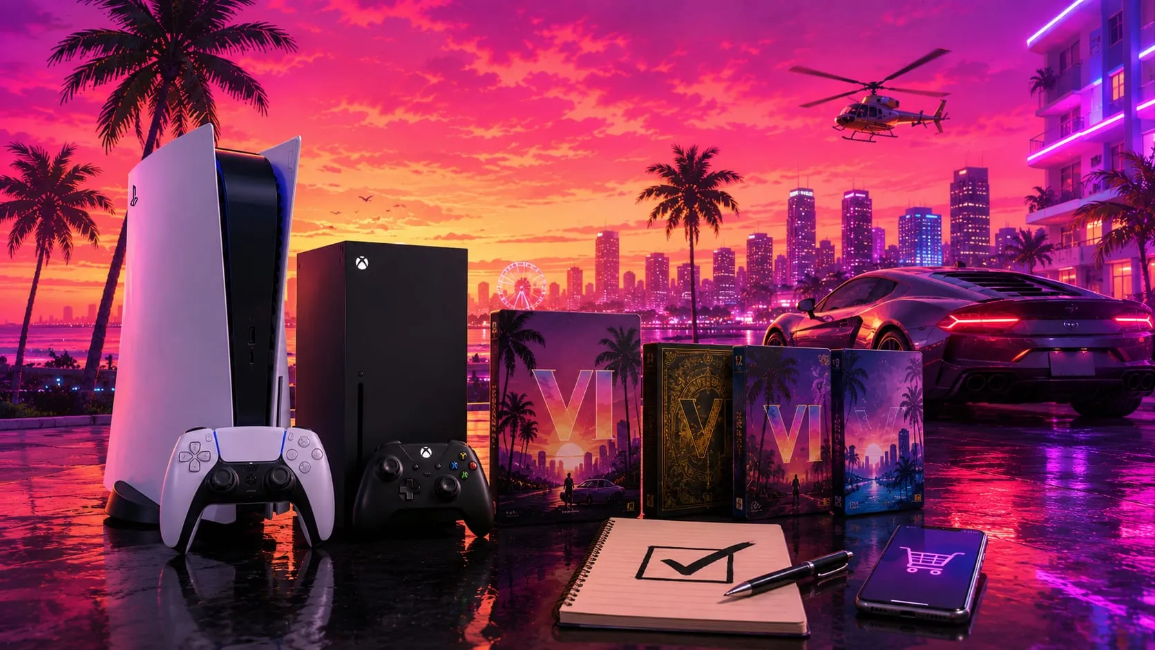 Illustrazione originale: PS5 e Xbox Series X con i controller, le edizioni di GTA 6 in fila, un blocco note con la spunta e un telefono col carrello, davanti allo skyline di Vice City