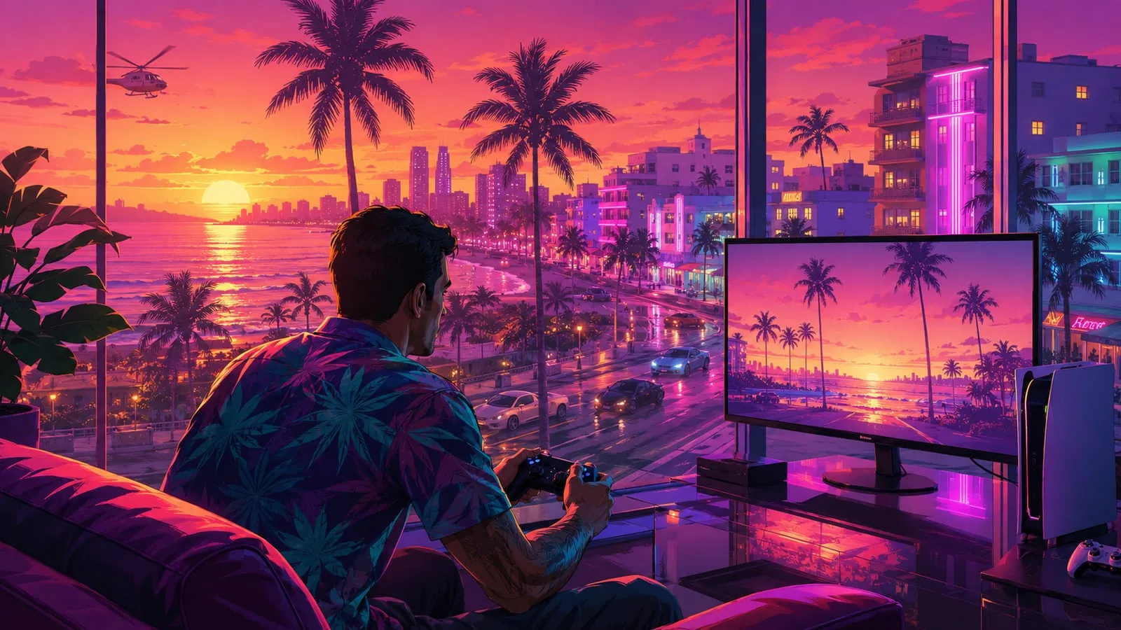 Illustrazione in stile Vice City: un giocatore su console davanti a un monitor, con una PS5 accanto e il lungomare al neon dalla finestra