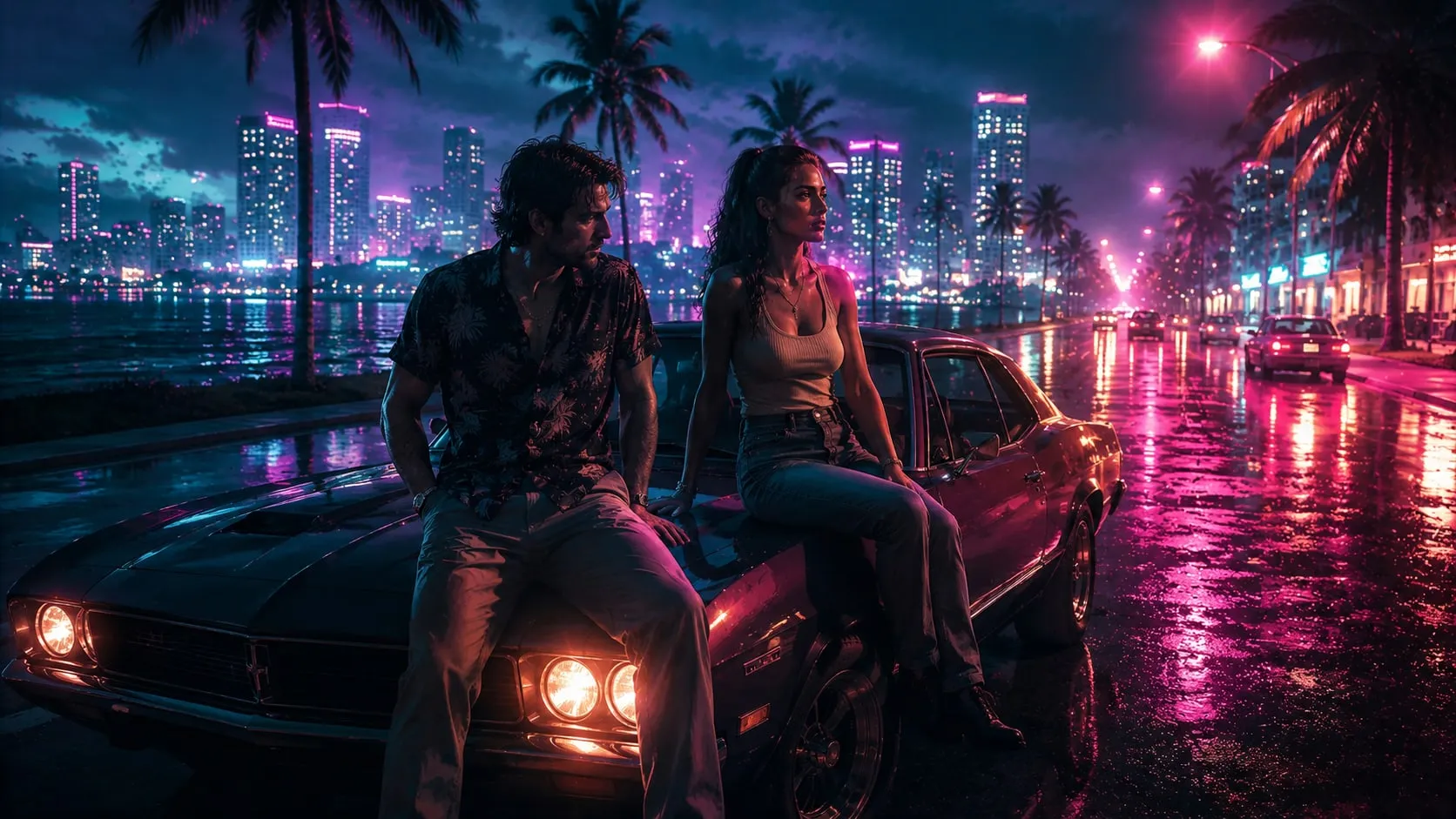Illustrazione originale in stile GTA 6: un uomo e una donna seduti sul cofano di una muscle car su un lungomare al neon, skyline di Vice City e asfalto bagnato alle spalle