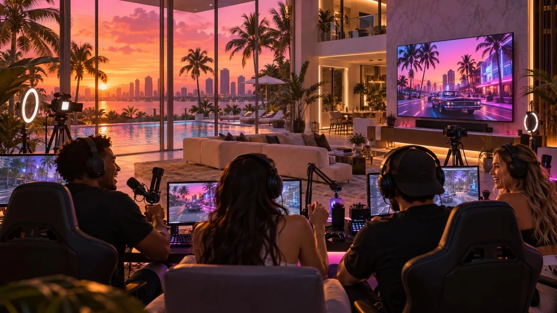 Illustrazione: una villa a Miami al tramonto trasformata in studio, con creator ai monitor e una grande TV su Vice City