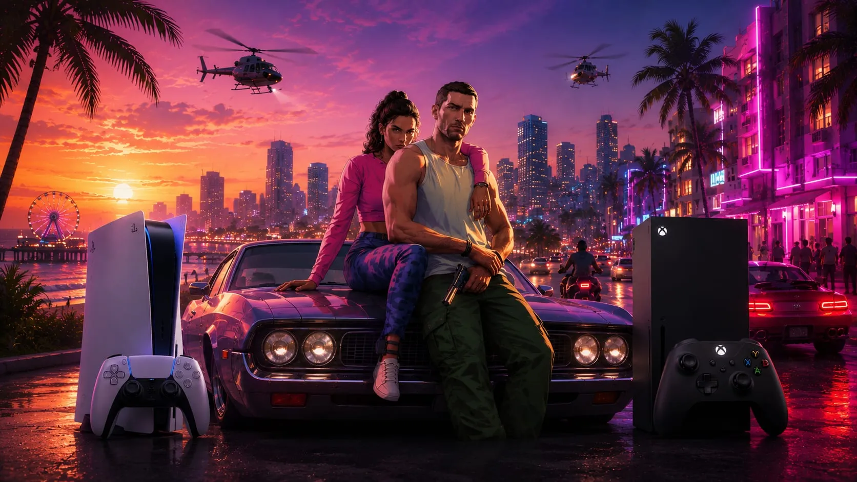 Illustrazione originale: una PS5 a sinistra e una Xbox Series X a destra, in mezzo due protagonisti seduti sul cofano di una muscle car davanti allo skyline al neon di Vice City