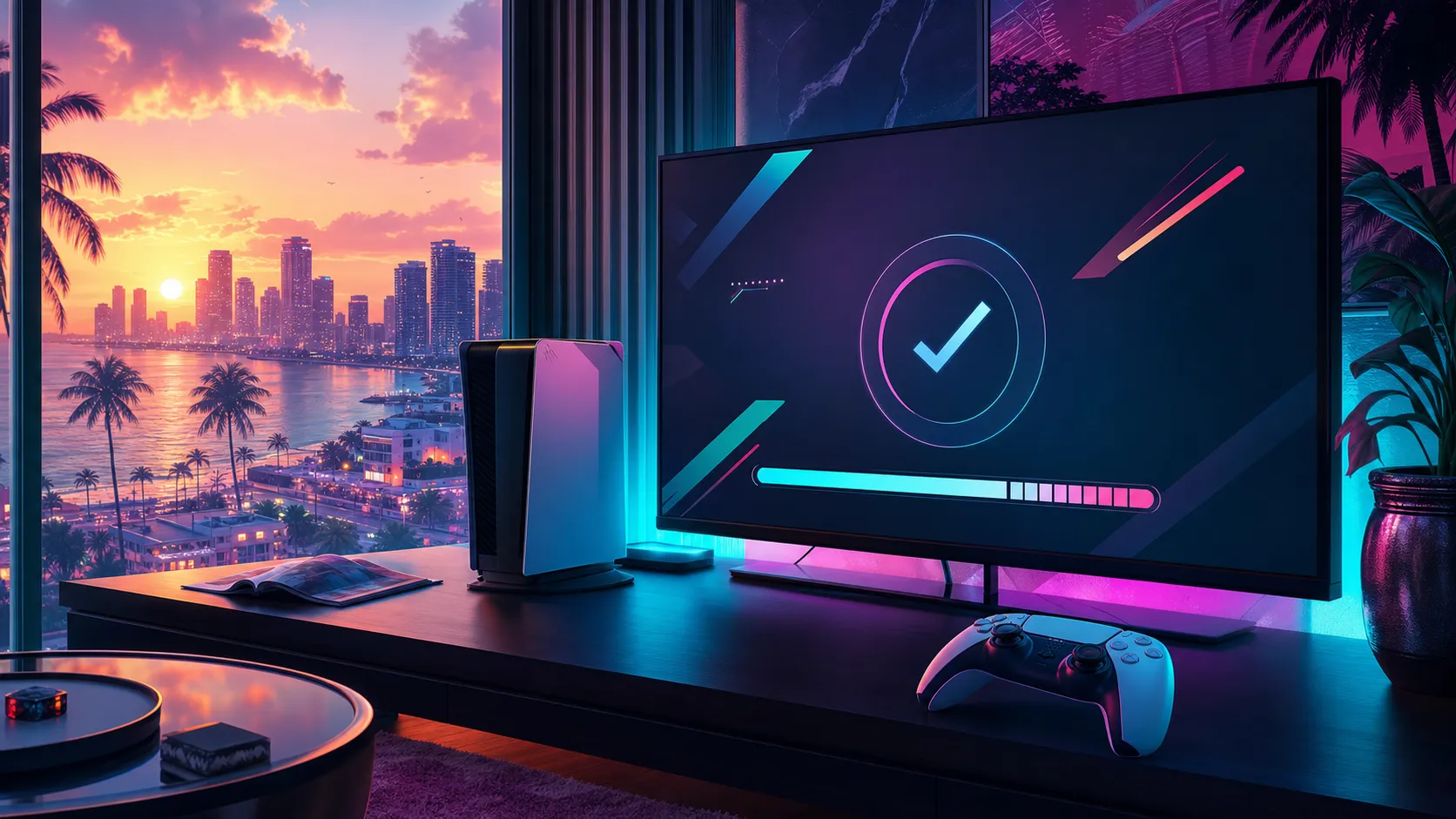 Illustrazione speculativa di una console pronta al download di GTA 6 davanti allo skyline di Vice City all'alba