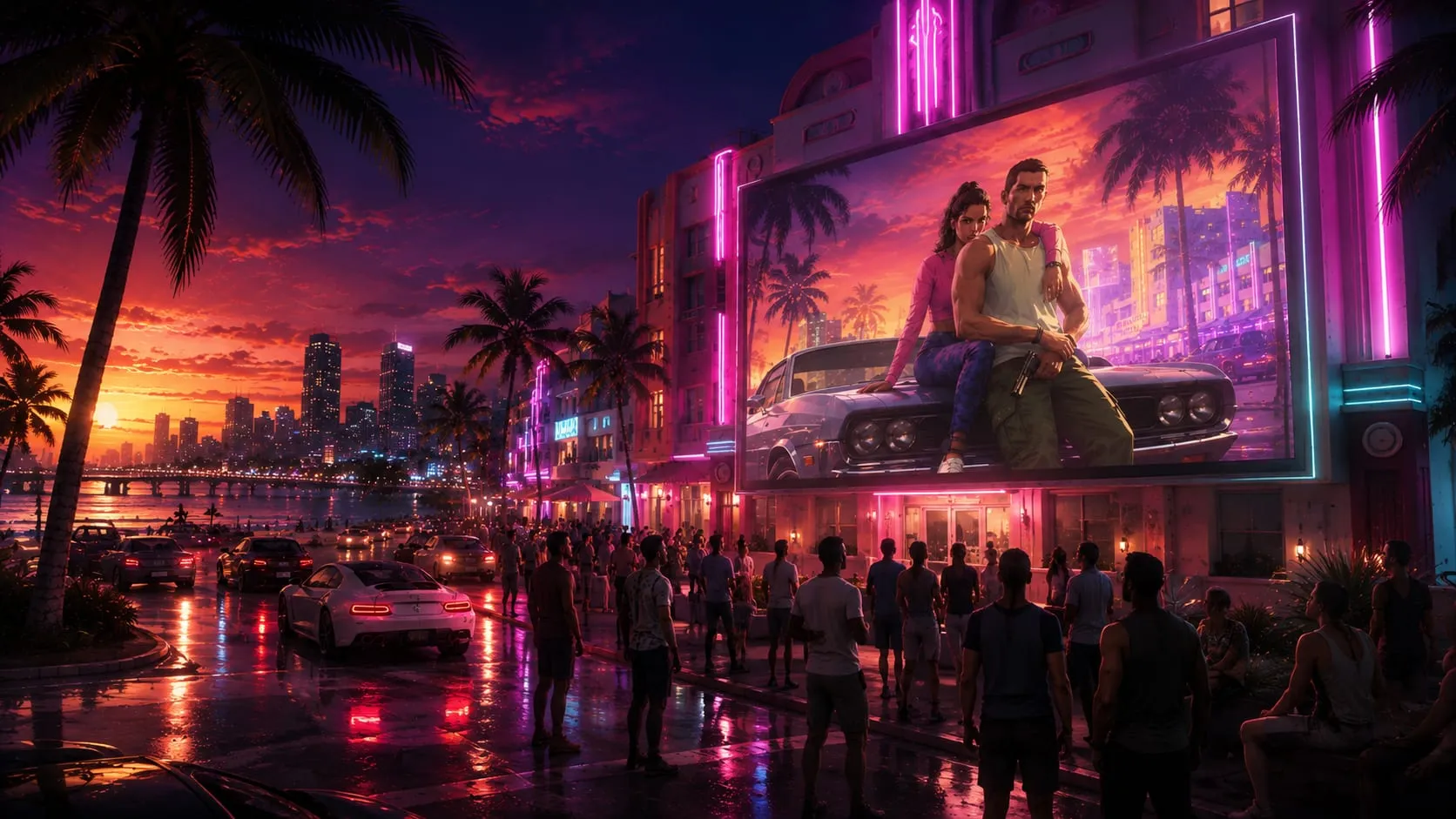 Illustrazione originale: a Vice City di notte un grande schermo su un edificio in stile déco proietta una scena di gioco con due personaggi seduti sul cofano di una muscle car, mentre una folla guarda dal marciapiede tra palme, strade bagnate al neon e lo skyline al tramonto
