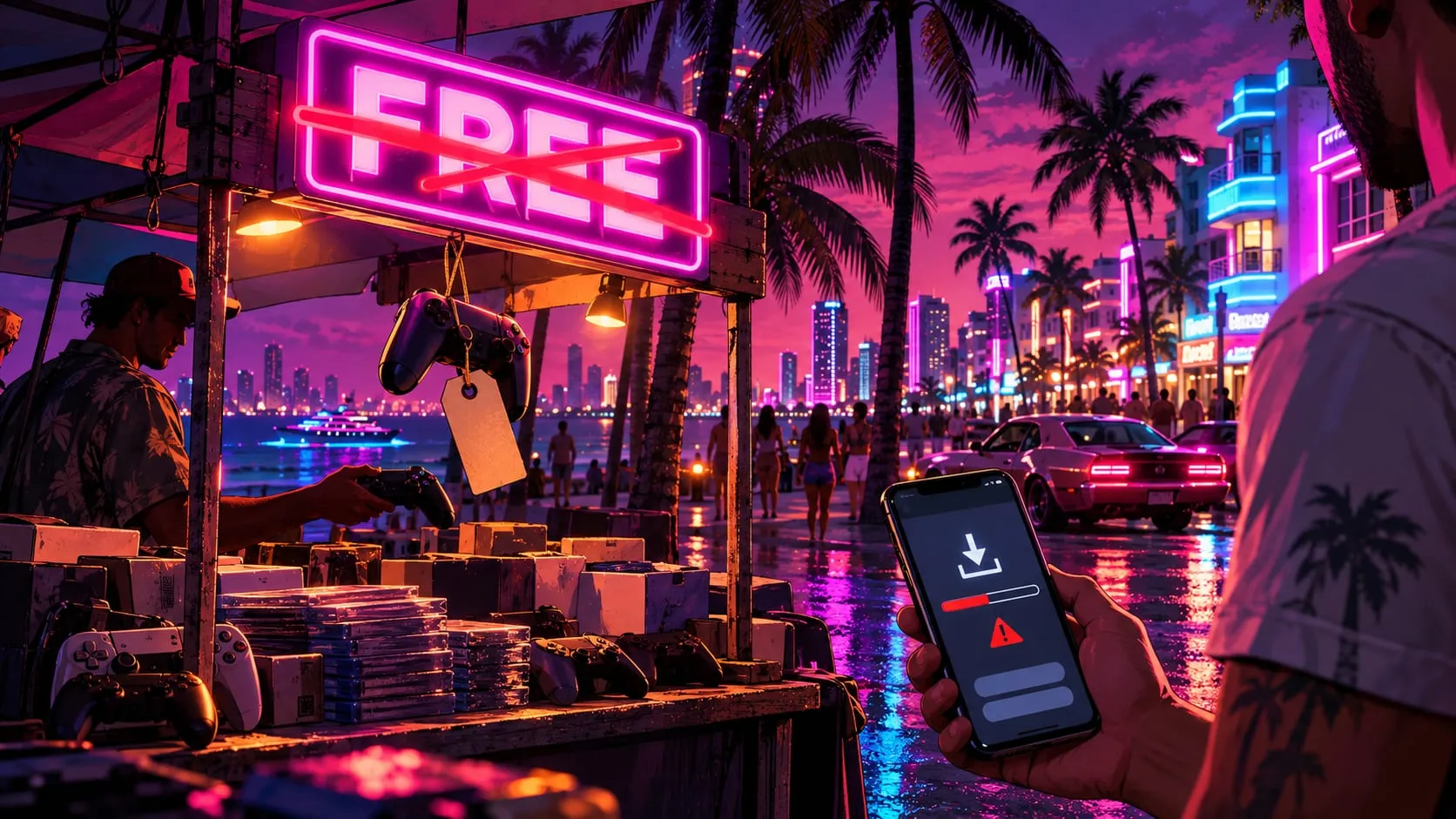 Original GTA 6 style illustration: a night stall on the Vice City waterfront with a crossed-out FREE neon sign, controllers and game cases for sale, and in the foreground a smartphone showing a download and a warning triangle