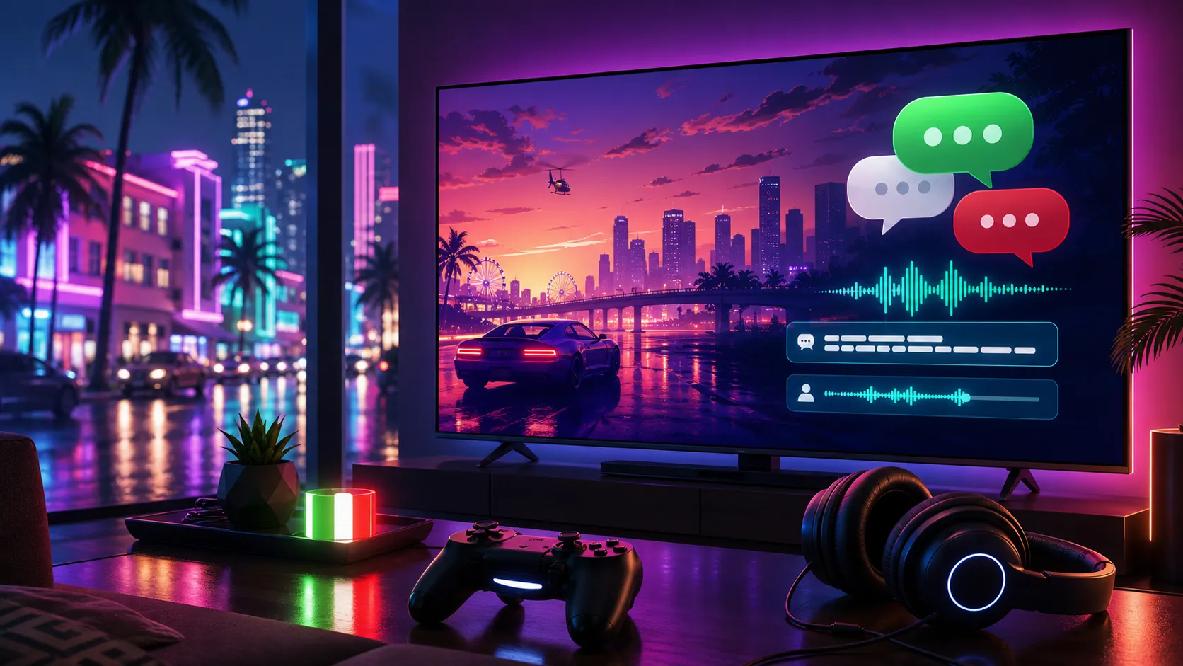 Illustrazione speculativa di una TV con interfacce di sottotitoli e audio per GTA 6 in italiano