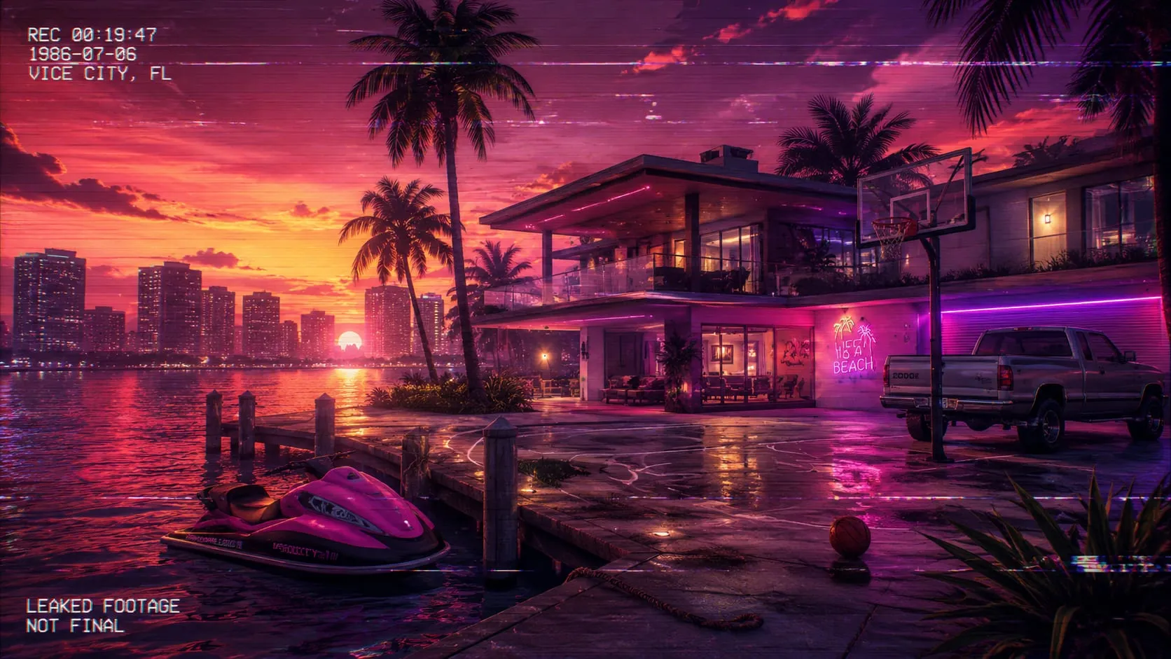 Casa sull'acqua a Vice City al tramonto con campo da basket, moto d'acqua ormeggiata al pontile e pickup parcheggiato, con effetto videocassetta e scritta "leaked footage"