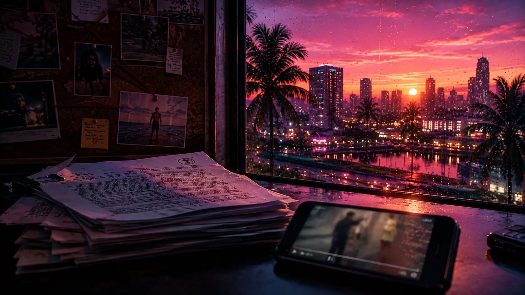 Scrivania davanti a una finestra rigata di pioggia sullo skyline di Vice City al tramonto: una pila di documenti, uno smartphone con un video in pausa e una bacheca di sughero con foto e filo rosso