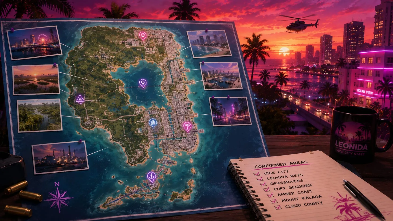 Illustrazione originale della mappa di Leonida su una bacheca con foto e segnaposto, e un blocco note con le zone confermate: Vice City, Leonida Keys, Grassrivers, Port Gellhorn, Ambrosia e Mount Kalaga