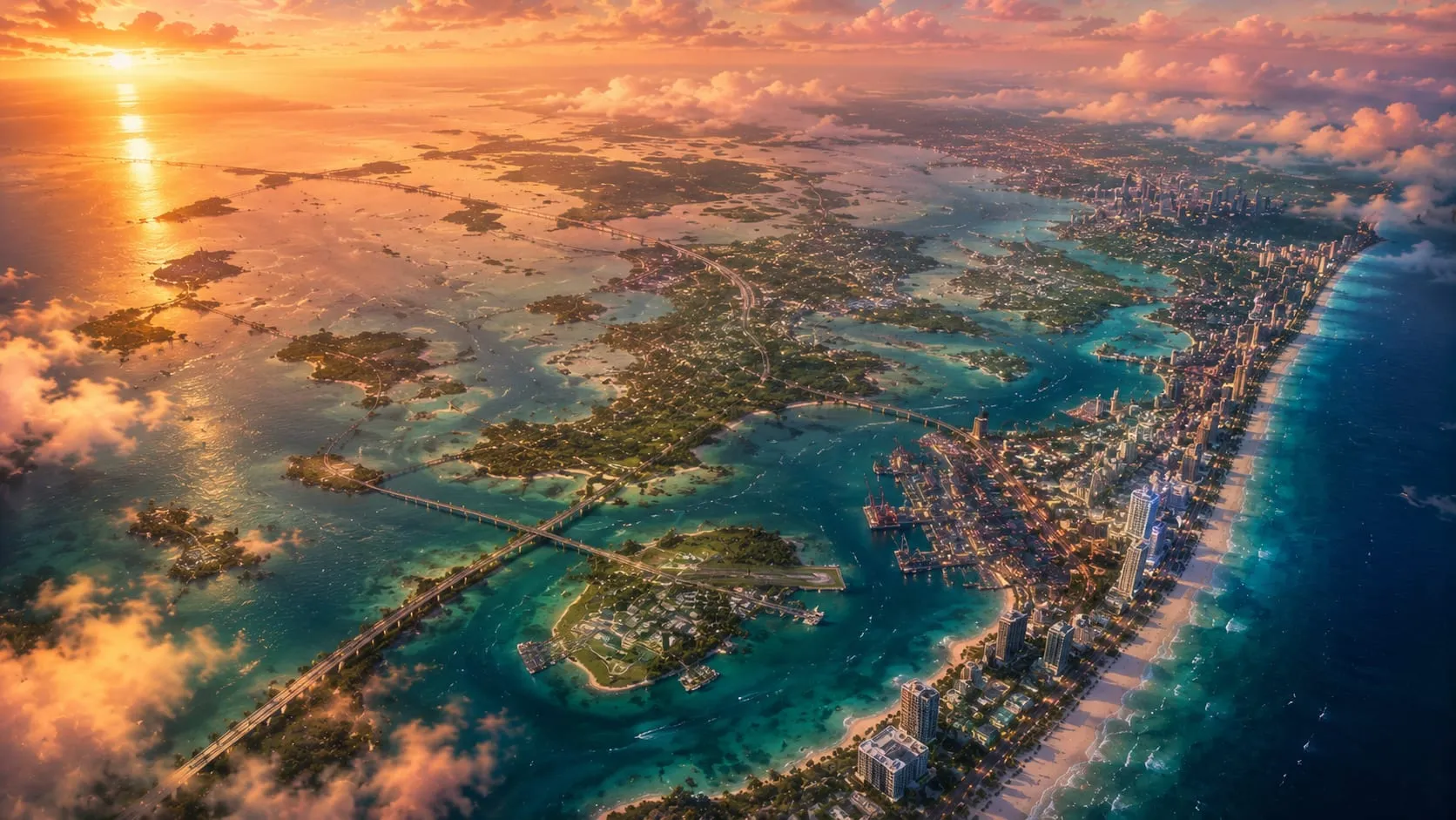 Illustrazione originale: vista aerea di uno stato costiero ispirato alla Florida al tramonto, con una metropoli sull'oceano a destra, paludi e isole collegate da lunghi ponti a sinistra, come in una veduta da cartografo