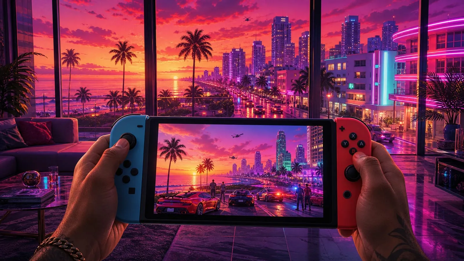 Illustrazione originale: una console portatile con controller blu e rosso mostra una città tropicale al neon davanti al lungomare di Vice City al tramonto