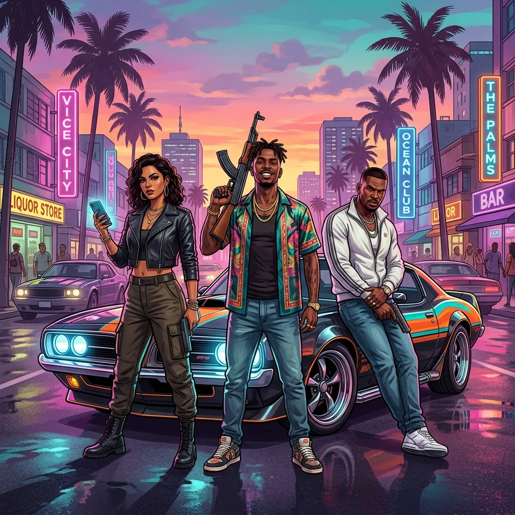Concept art speculativa di tre criminali accanto a un auto sportiva in una strada al neon di Vice City