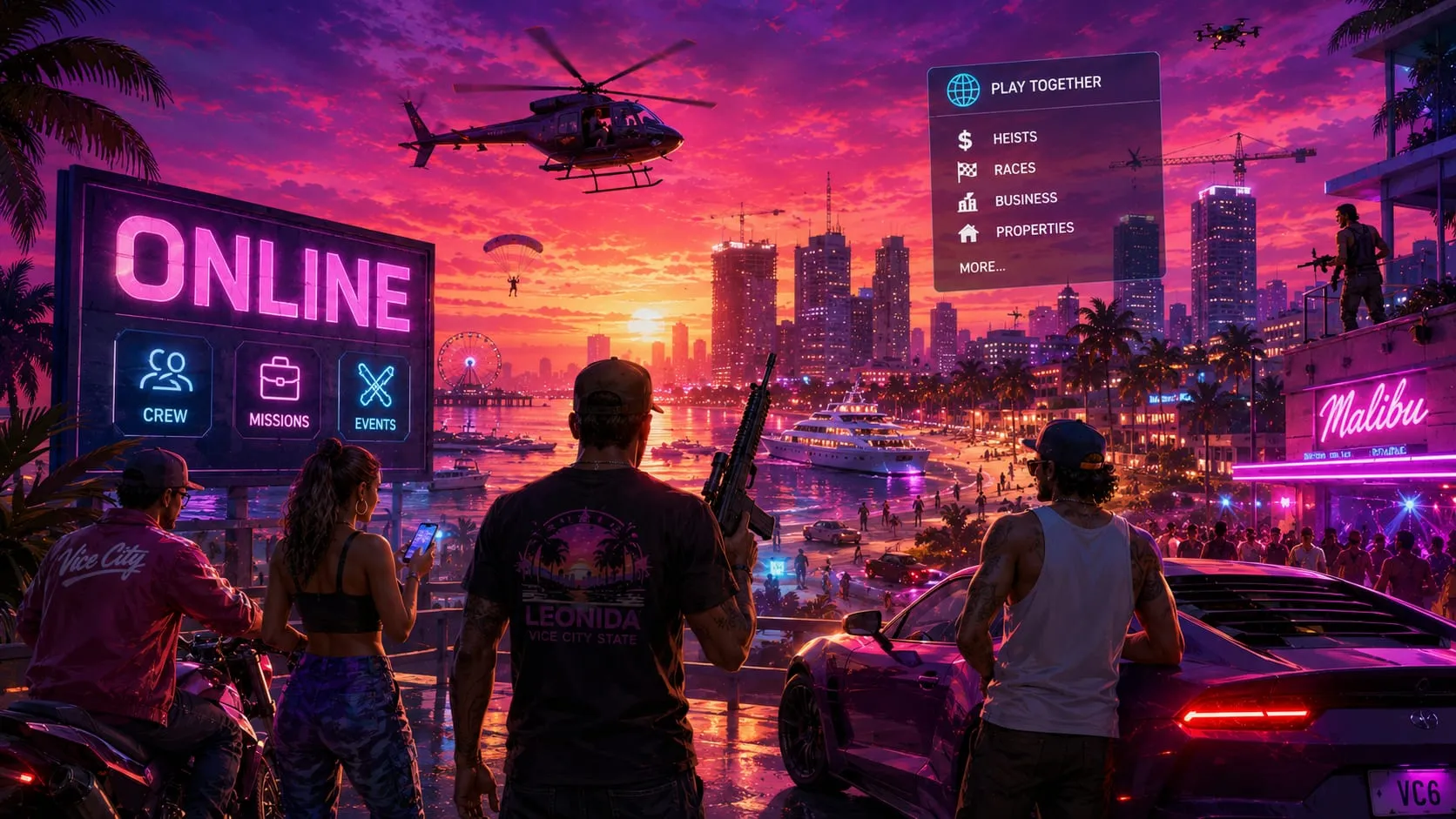 Illustrazione originale del multiplayer di GTA 6: una crew guarda la spiaggia al neon di Vice City sotto un cartellone "Online" con crew, missioni ed eventi e un menu "play together" (colpi, gare, business, proprietà)