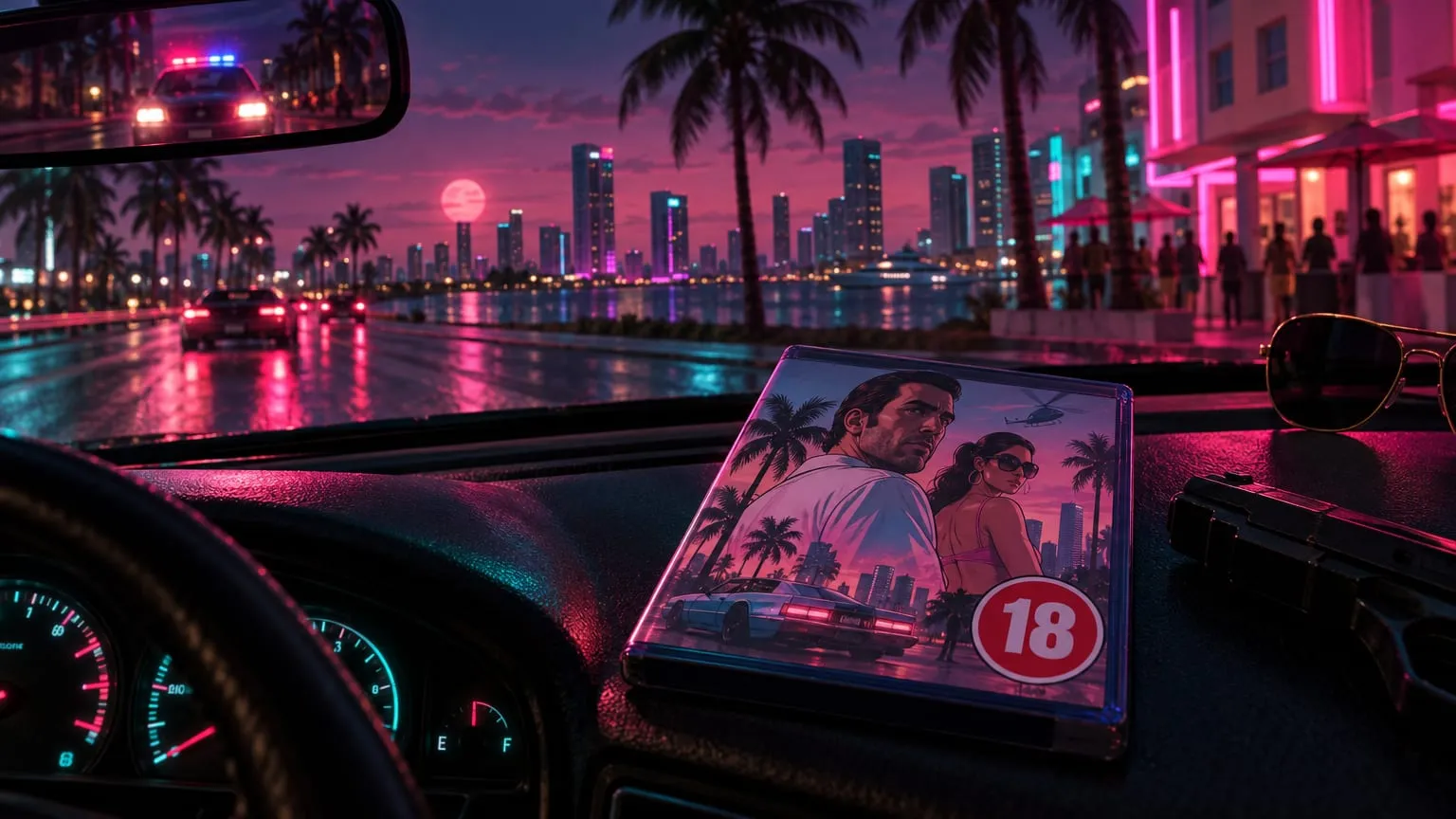 Vice City style illustration: a game case with a red 18 badge on a car dashboard, with the neon seafront and a police car in the mirror