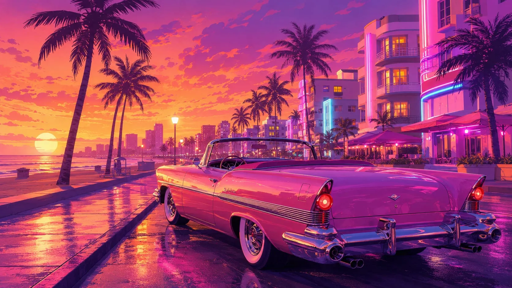Illustrazione in stile Rockstar: una convertibile rosa anni '50 su un lungomare di Vice City al tramonto, tra palme e neon