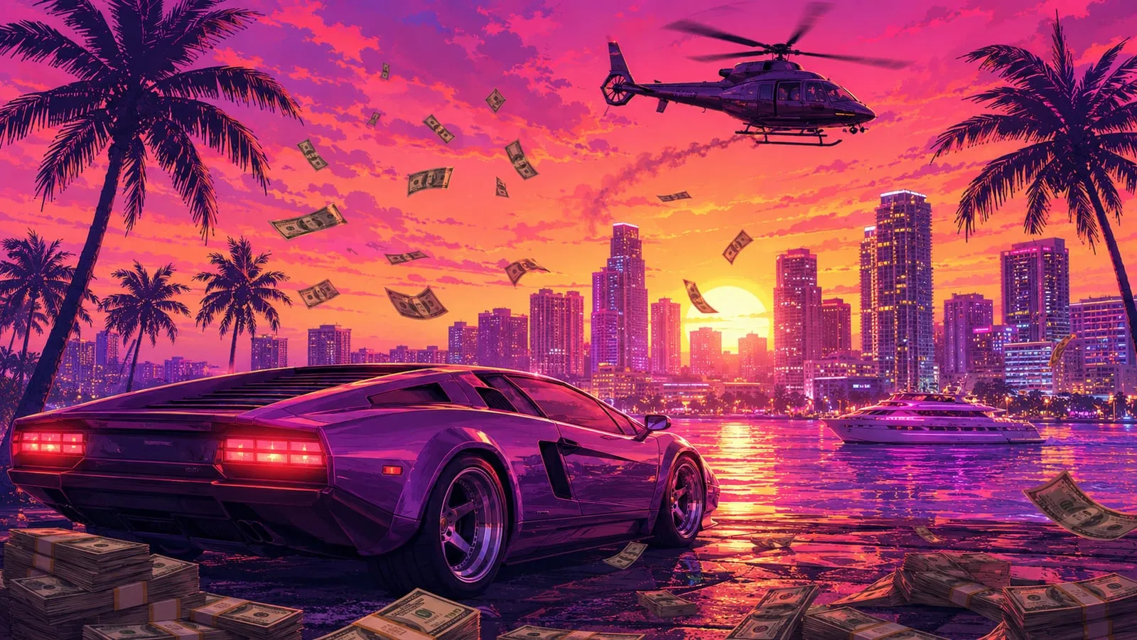 Illustrazione in stile Vice City: una supercar davanti allo skyline al tramonto, tra banconote che volano