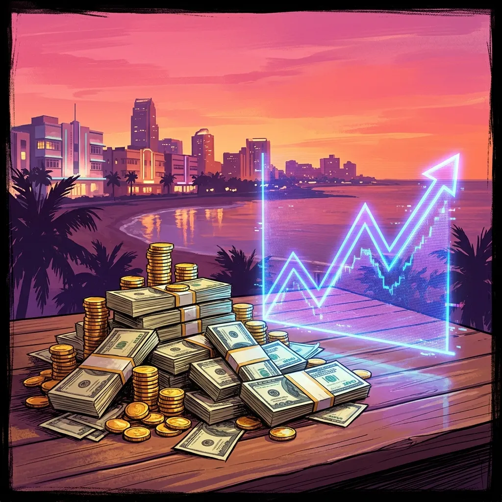 Illustrazione speculativa di monete, banconote e un grafico di vendite olografico di GTA 6