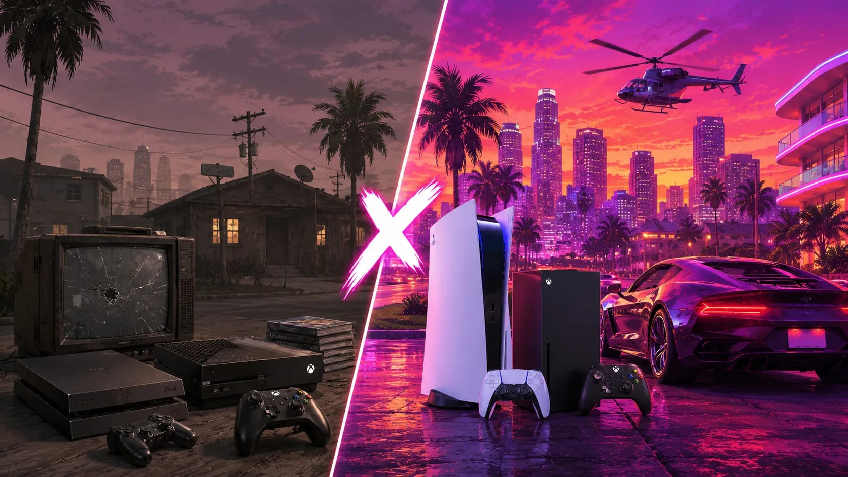 Vecchia e nuova generazione di console a confronto per GTA 6: a sinistra PS4 e Xbox One con una TV rotta in un quartiere degradato, a destra PS5 e Xbox Series X davanti allo skyline al neon di Vice City