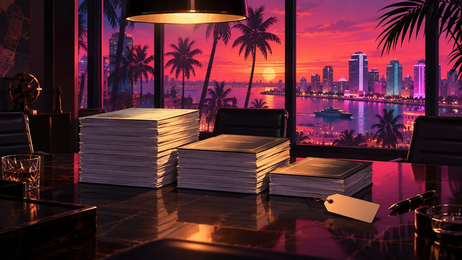 Illustrazione in stile Vice City: un ufficio di notte con lo skyline al neon dalla vetrata e una pila di bilanci rilegati sulla scrivania