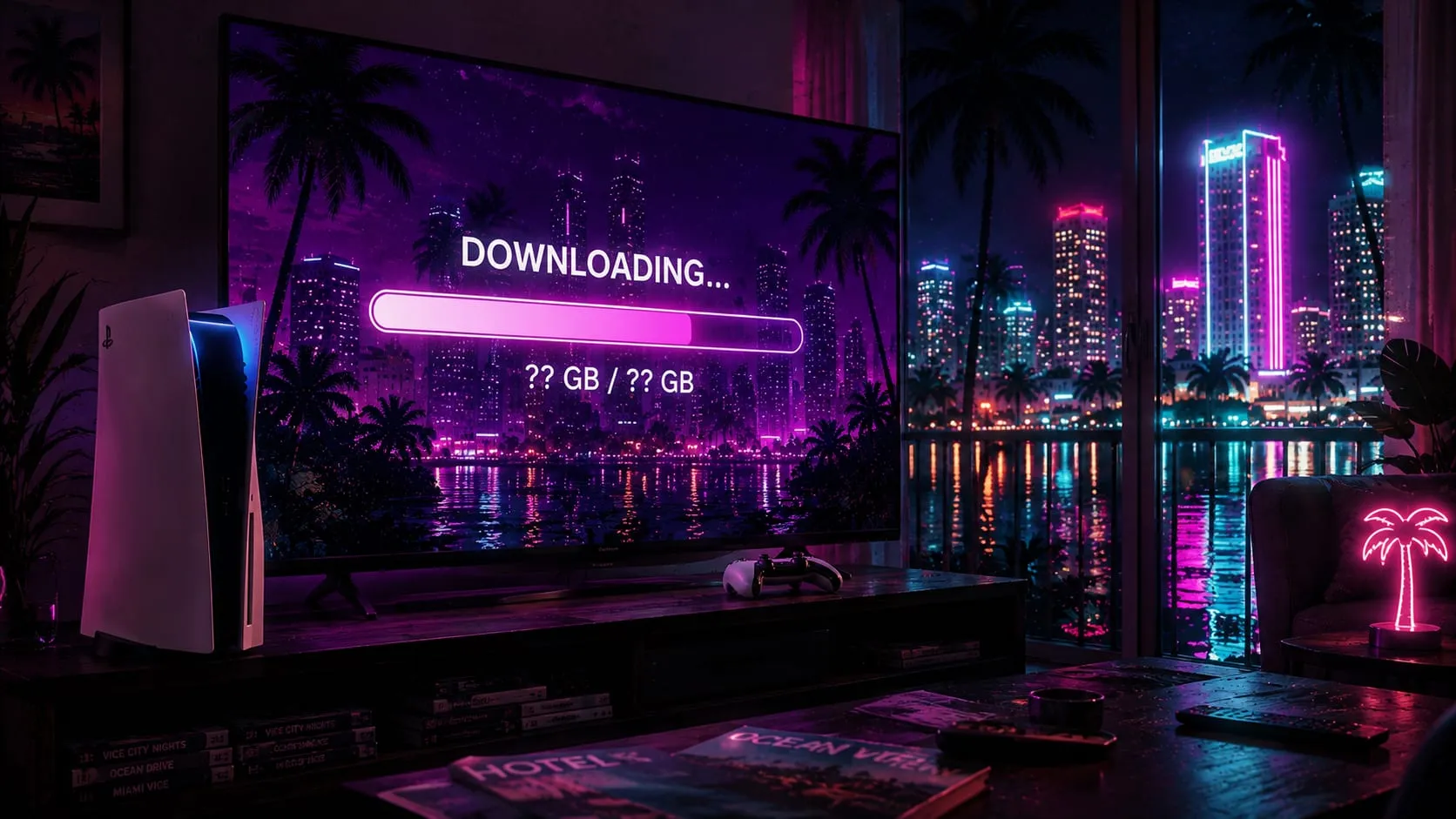 Illustrazione originale: una PlayStation 5 accanto a un televisore che mostra una barra di download con la scritta "DOWNLOADING..." e, al posto dei gigabyte, dei punti interrogativi ("?? GB / ?? GB"), in un salotto affacciato sullo skyline al neon di Vice City di notte