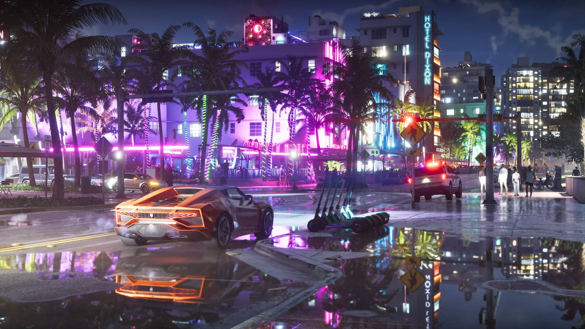 Vice City at night after the rain, with an orange supercar, e-scooters and a police SUV in front of the Ocean View Hotel and Hotel Dixon
