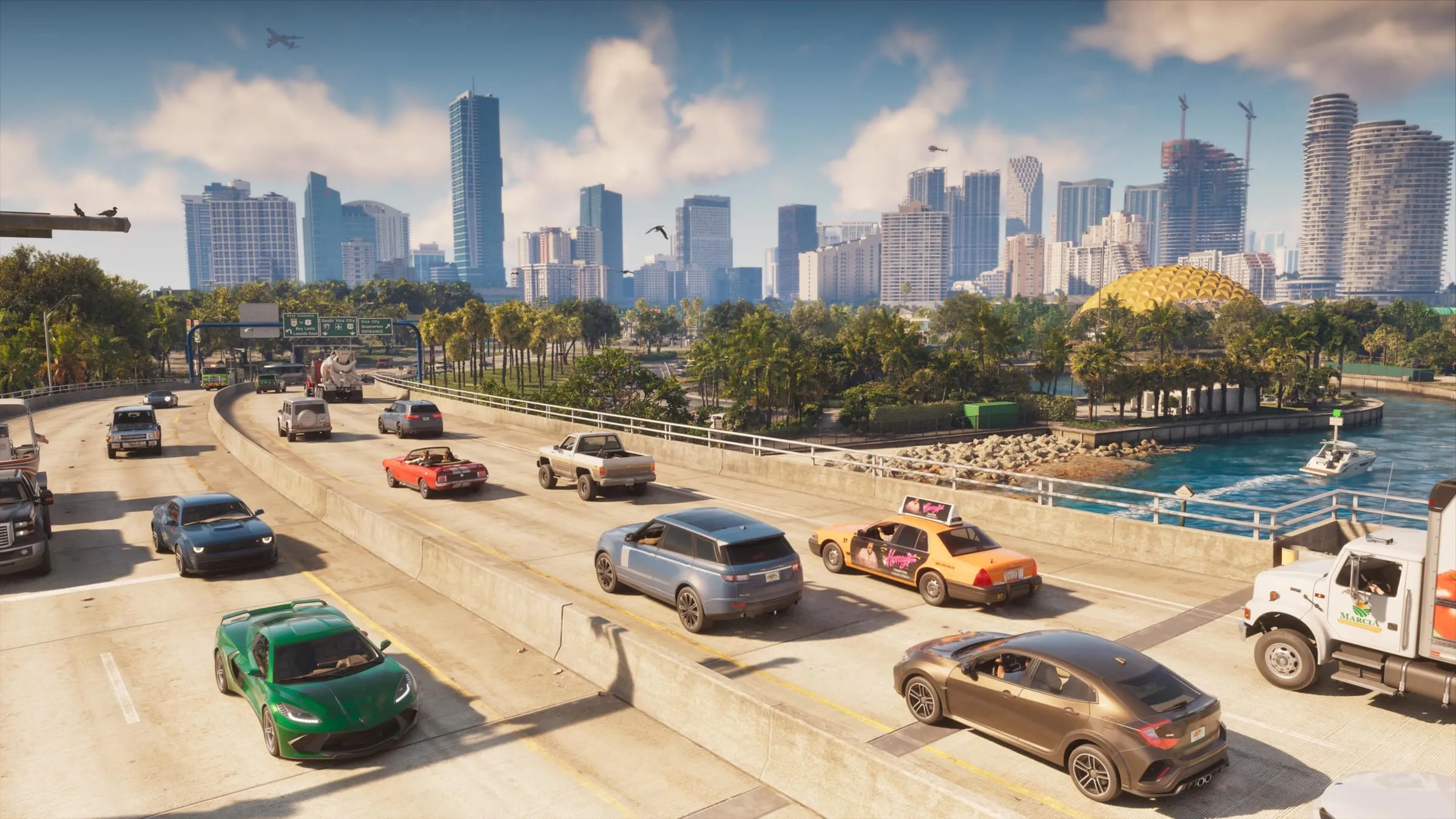 Traffic on an overpass leading into Vice City, with the skyline, a yellow taxi, a green sports car and a speedboat in the canal