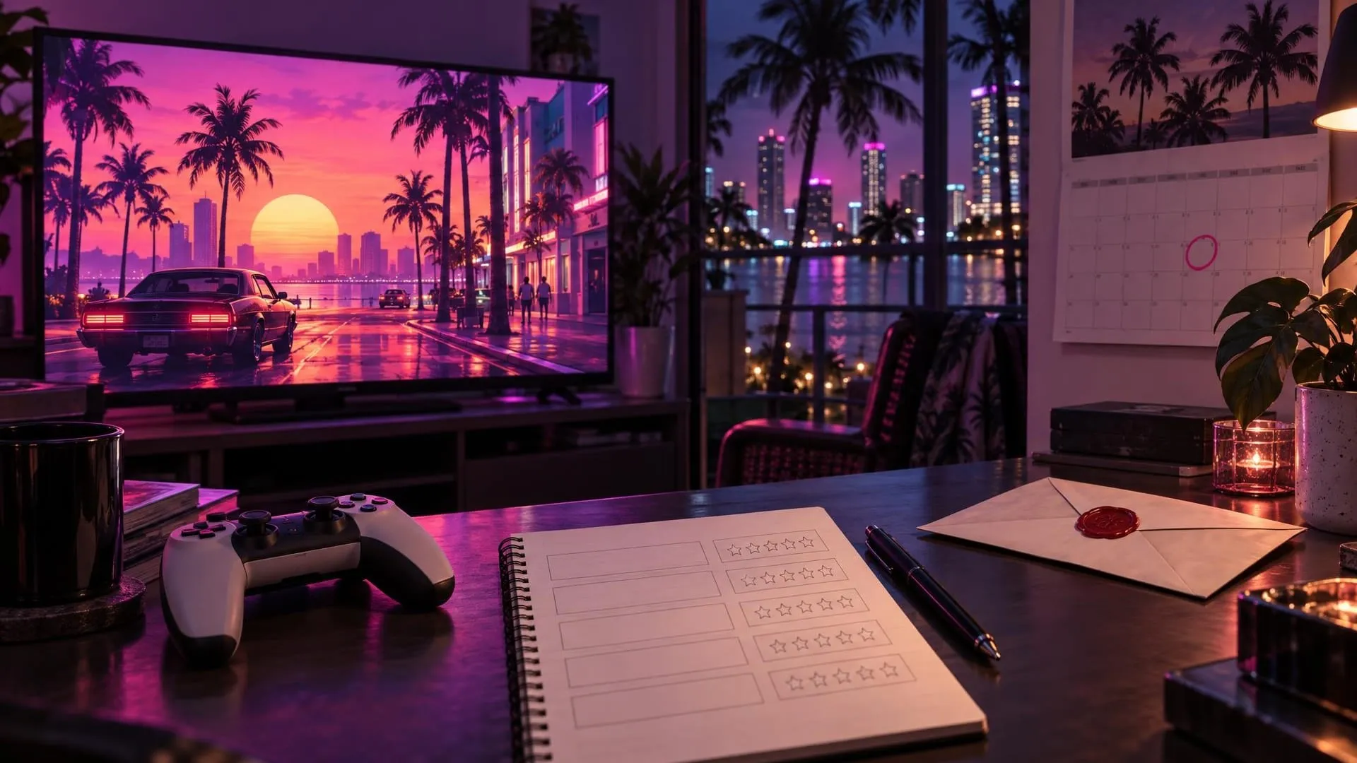 Illustrazione: la scrivania di un recensore di notte, con una TV su Vice City, un controller e un taccuino con le stelle dei voti ancora vuote