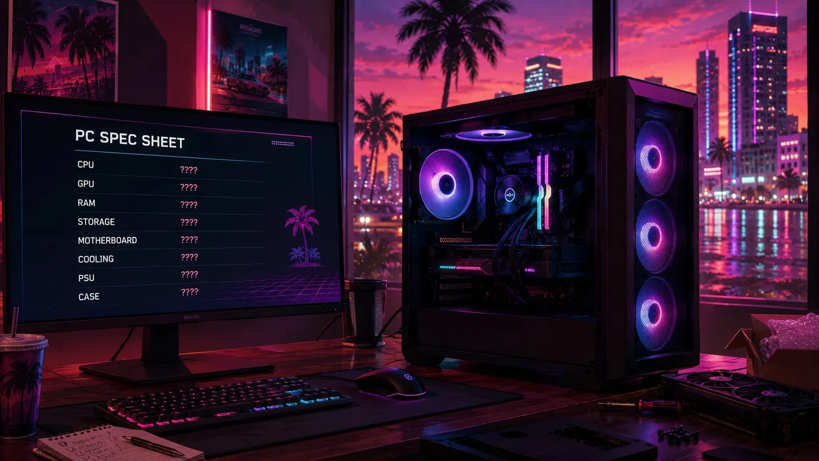 Illustrazione originale: postazione PC gaming con case aperto e ventole RGB accanto a un monitor che mostra una scheda tecnica intitolata "PC spec sheet", dove ogni voce (CPU, GPU, RAM, storage) ha come valore quattro punti interrogativi, davanti alle palme e allo skyline al neon di Vice City al tramonto